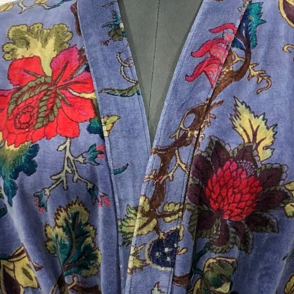 Floral Print Velvet Kimono Luxury Jacket, Party Boho Robe Lounge Wear - Unisex - Picture 16 of 16